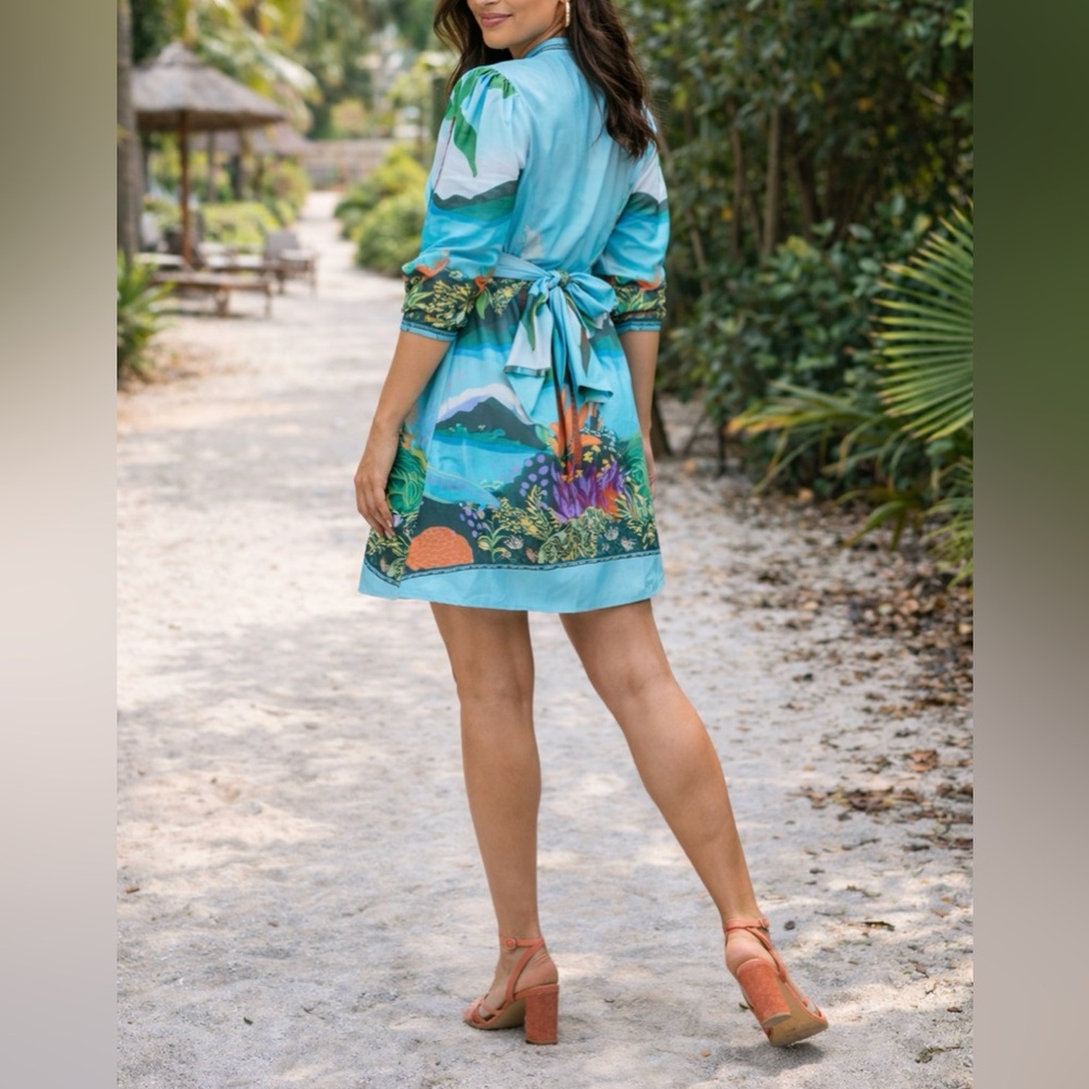 Tuckernuck Celina Moon Wrap Tropical Print Cotton Mini Dress Size Small NWT - Picture 3 of 8